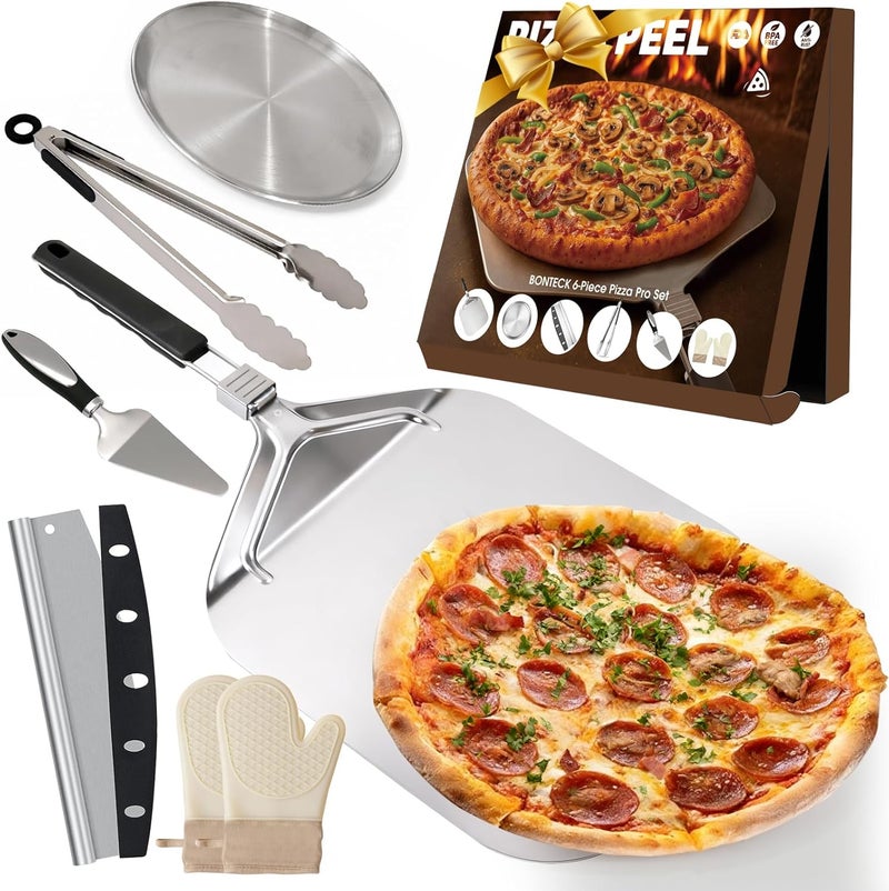 Bonteck Pizza Peel Aluminum Metal Pizza Spatula Kit | 12x14 Inch Foldable Handle Paddle | 6Pcs Pizza Oven Accessories with Rocker Cutter, Pizza Pan, Pizza Server, Oven Mitts, for Family Oven Baking - Image 1